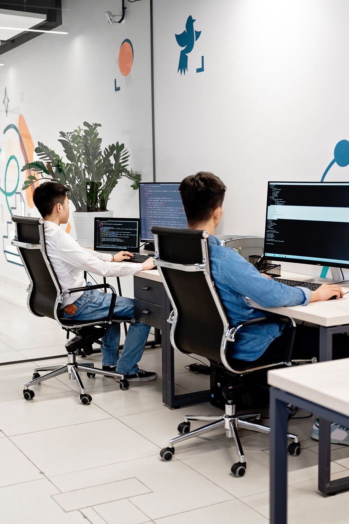 about-us Two programmers collaborating in a bright, modern office, coding on monitors.